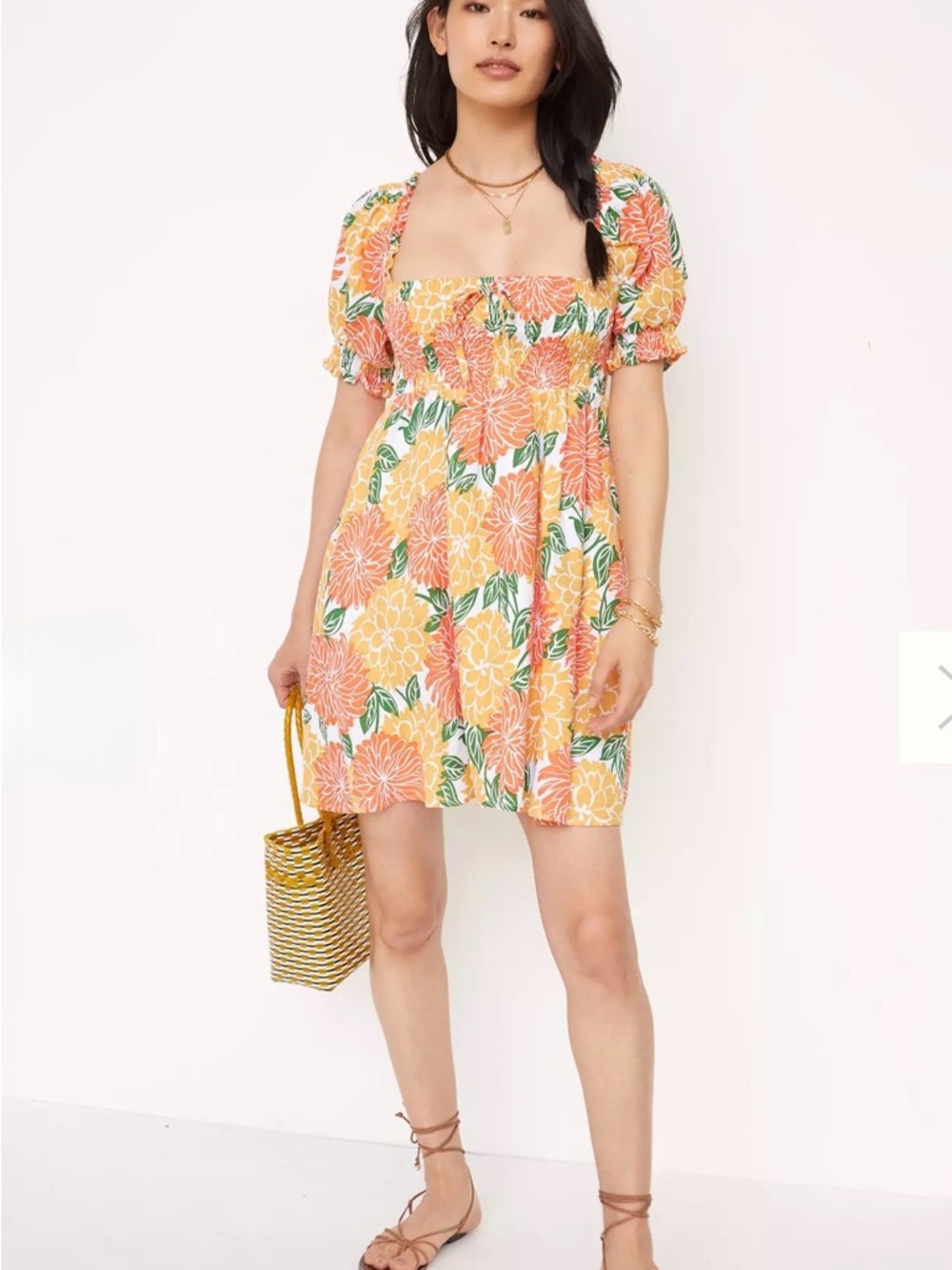 Anthropologie House of Harlow 100% Linen Floral SmockedDressWomen M PuffSleeve - Picture 4 of 10